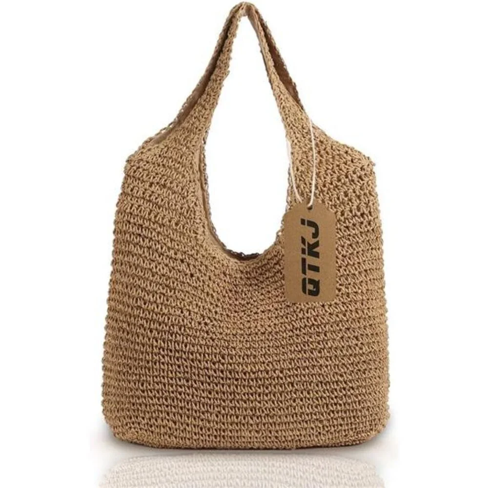 Hand Woven Soft Large Straw Shoulder Bag Boho Tote Retro Summer Bag for‎ Women